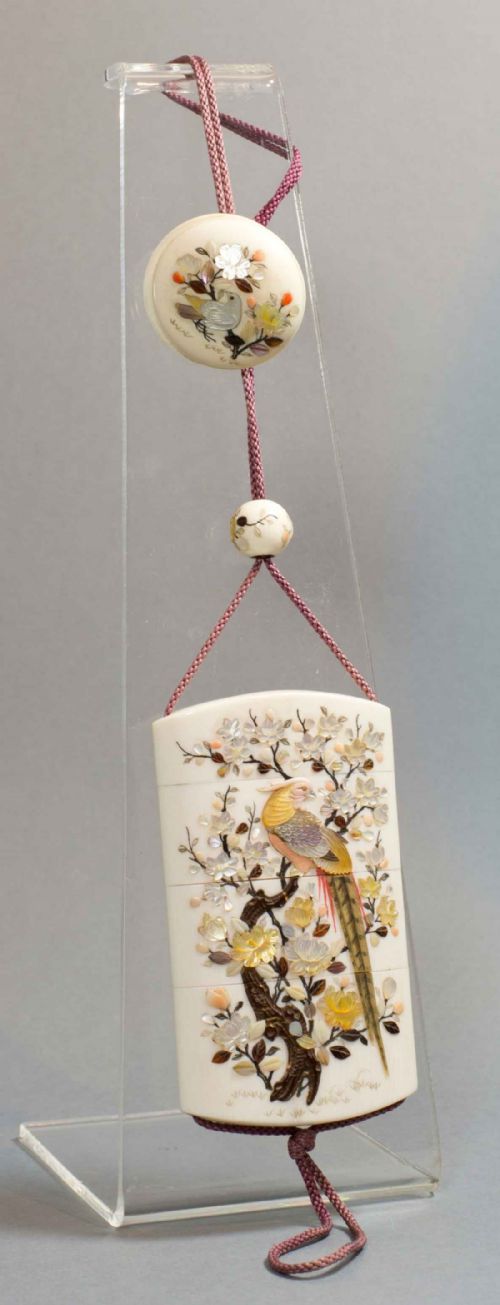 a fine quality japanese ivory shibayama inro and netsuke set - CATEGORY: ANTIQUE MISCELLANEOUS - DATED 1890