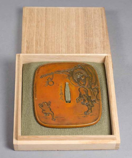 a japanese copper tsuba with nbthk certificate shojo and toad - CATEGORY: ANTIQUE MISCELLANEOUS - DATED 1880