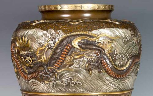 LARGE JAPANESE BRONZE MULTI PATINATED DRAGON VASE - ADDITIONAL PHOTO 7