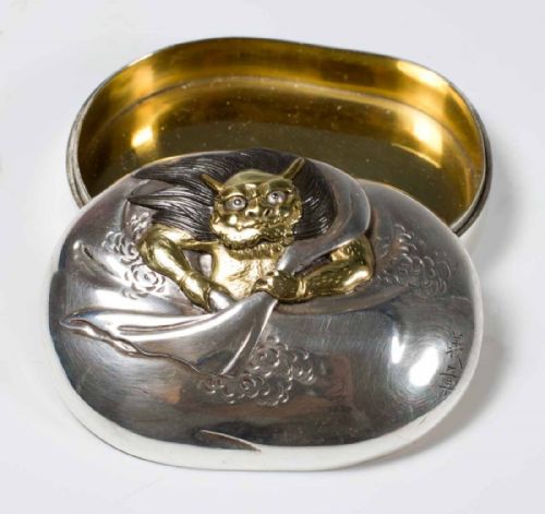 a solid silver japanese box and cover depicting shoki - CATEGORY: ANTIQUE SILVER - DATED 1900