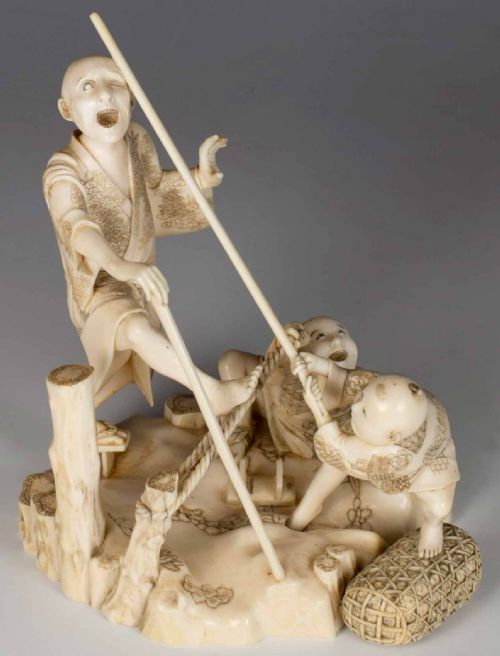 humerous japanese ivory okimono group signed gyokusui - CATEGORY: ANTIQUE MISCELLANEOUS - DATED 1900