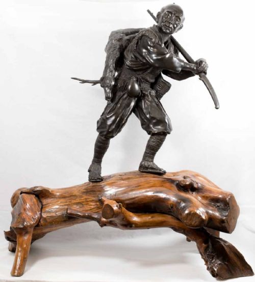 huge japanese bronze okimono hunter on a rootwood base - CATEGORY: ANTIQUE SCULPTURES - DATED 1890