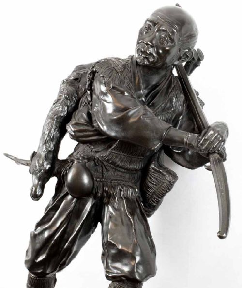 HUGE JAPANESE BRONZE OKIMONO HUNTER ON A ROOTWOOD BASE - ADDITIONAL PHOTO 6