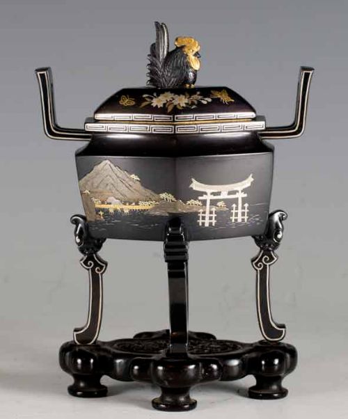 JAPANESE SHAKUDO INLAID MIXED METAL KORO BY NOGAWA - ADDITIONAL PHOTO 5