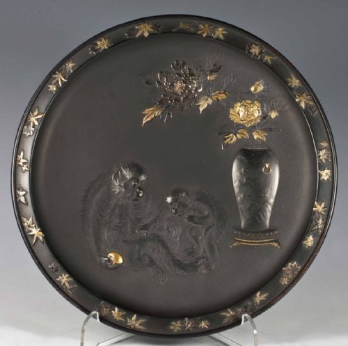 outstanding quality japanese mixed metal monkey plate isshunken seiju - CATEGORY: ANTIQUE PLATES - DATED 1890