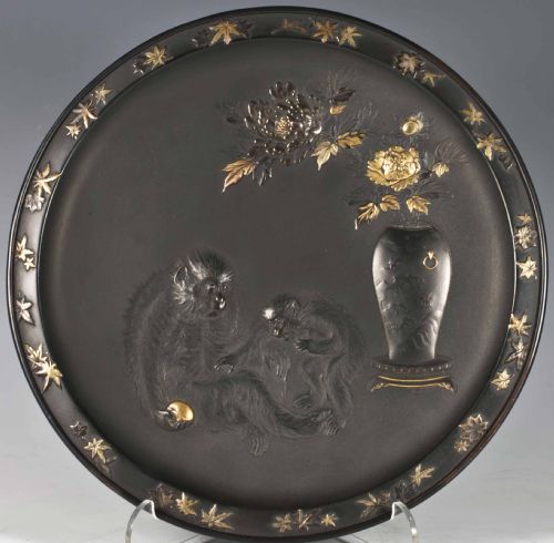 OUTSTANDING QUALITY JAPANESE MIXED METAL MONKEY PLATE ISSHUNKEN SEIJU - ADDITIONAL PHOTO 1