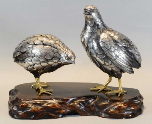 a charming japanese silvered bronze quail okimono by hidenao - CATEGORY: ANTIQUE SCULPTURES - DATED 1890
