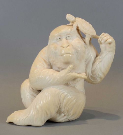 a stunning quality japanese ivory okimono of an ape signed morino korin - CATEGORY: ANTIQUE MISCELLANEOUS - DATED 1890