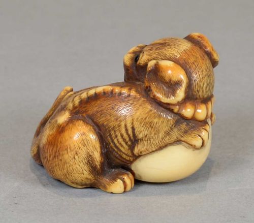 A CHARMING JAPANESE EDO PERIOD IVORY NETSUKE OF A PUPPY DOG CLUTCHING A BALL - ADDITIONAL PHOTO 3