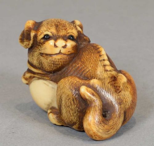 A CHARMING JAPANESE EDO PERIOD IVORY NETSUKE OF A PUPPY DOG CLUTCHING A BALL - ADDITIONAL PHOTO 6