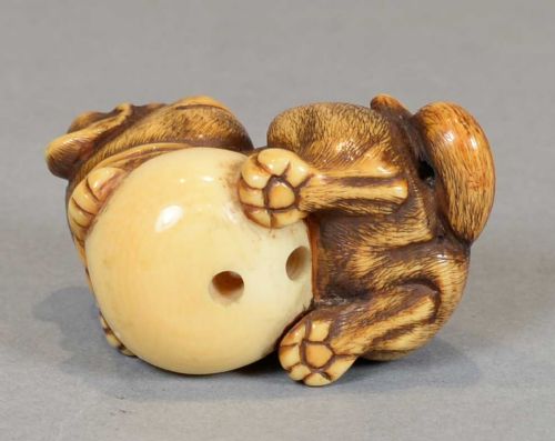 A CHARMING JAPANESE EDO PERIOD IVORY NETSUKE OF A PUPPY DOG CLUTCHING A BALL - ADDITIONAL PHOTO 7