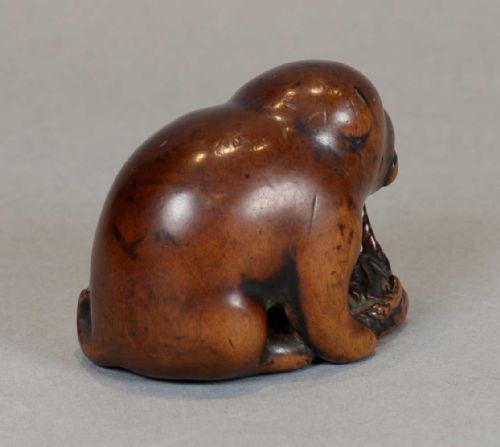 A DELIGHTFUL EDO PERIOD BOXWOOD NETSUKE OF AN AKITA PUPPY HOLDING AN ABALONESHELL TOY - ADDITIONAL PHOTO 4