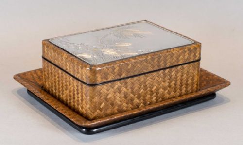 a japanese silver mounted and basket weave trinket box on stand - CATEGORY: ANTIQUE BOXES - DATED 1910