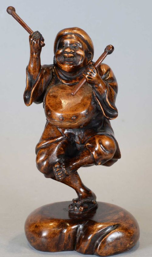 japanese wooden okimono of a dancing drummer boy - CATEGORY: ANTIQUE MISCELLANEOUS - DATED 1900