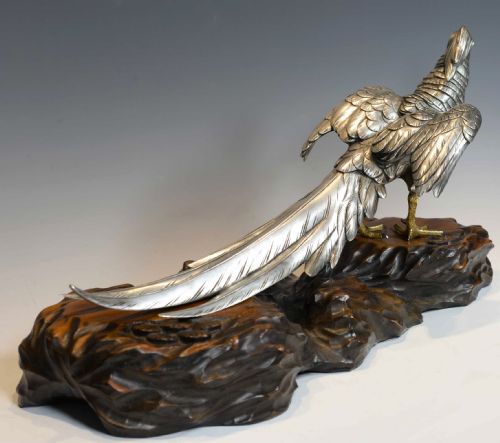JAPANESE SILVERED BRONZE PHEASANT ON NATURALISTIC WOODEN BASE BY MASATSUNE - ADDITIONAL PHOTO 6