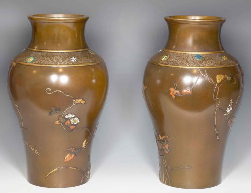 LARGE PAIR OF JAPANESE BRONZE AND MIXED METAL VASES - ADDITIONAL PHOTO 2