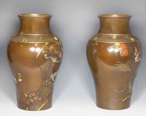 LARGE PAIR OF JAPANESE BRONZE AND MIXED METAL VASES - ADDITIONAL PHOTO 4
