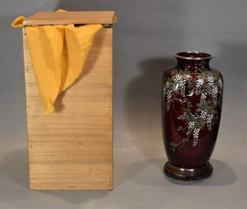 JAPANESE SILVER MOUNTED CLOISONNE VASE IN SILK LINED TOMOBAKOANDO JUBEI - ADDITIONAL PHOTO 11