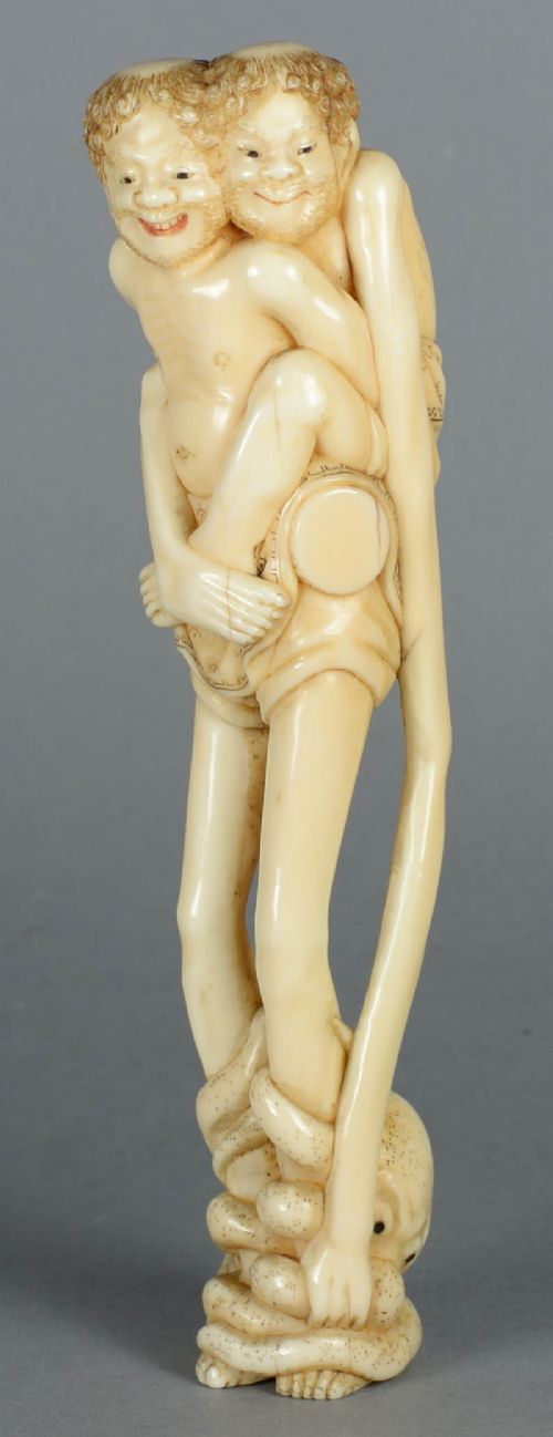 humorous japanese meiji period walrus tusk okimono ashinaga tenaga tomichika - CATEGORY: ANTIQUE MISCELLANEOUS - DATED 1890