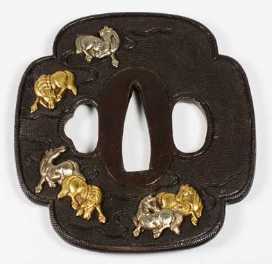 LOVELY JAPANESE EDO PERIOD SHAKUDO MOKKO FORM TSUBA ONLAID HORSES - ADDITIONAL PHOTO 1