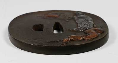 LARGE JAPANESE IRON MIXED METAL TSUBA BENTEN UPON A SEA DRAGON SIGNED - ADDITIONAL PHOTO 2