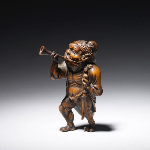 incredibly fine japanese meiji period boxwood okimono oni with bugle - CATEGORY: ANTIQUE MISCELLANEOUS - DATED 1880