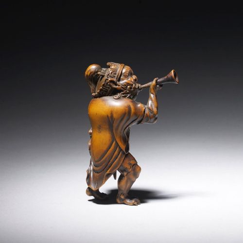 INCREDIBLY FINE JAPANESE MEIJI PERIOD BOXWOOD OKIMONO ONI WITH BUGLE - ADDITIONAL PHOTO 1
