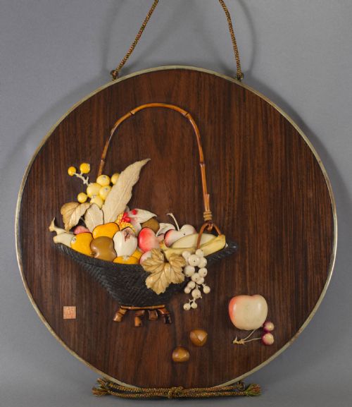 delightful tokyo artist japanese wood ivory plaque basket of fruit - CATEGORY: ANTIQUE MISCELLANEOUS - DATED 1920