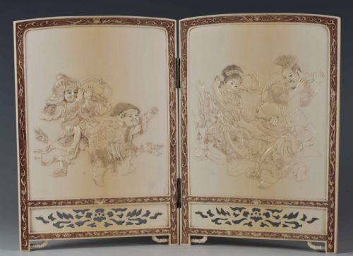 a delightful japanese ivory two fold table screen - CATEGORY: ANTIQUE MISCELLANEOUS - DATED 1900