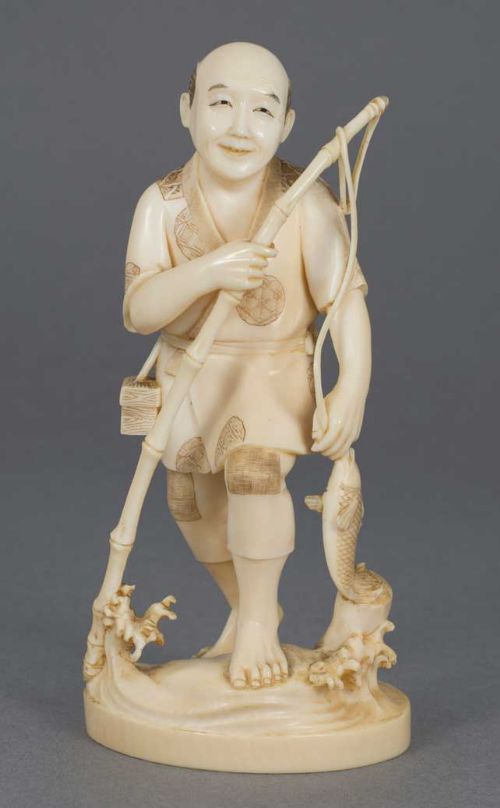 japanese one piece ivory okimono fisherman signed - CATEGORY: ANTIQUE MISCELLANEOUS - DATED 1900