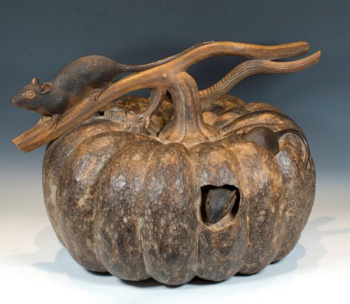 fascinating lifesize japanese hardwood okimono pumpkin and rats - CATEGORY: ANTIQUE MISCELLANEOUS - DATED 1920