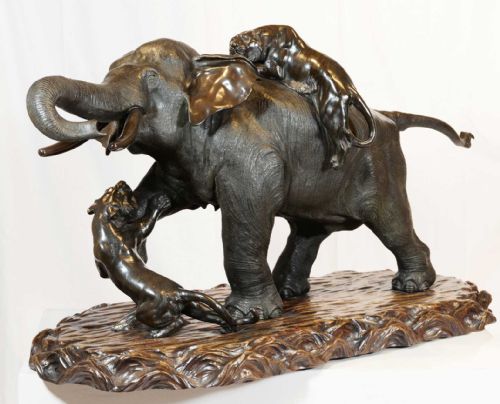 HUGE JAPANESE BRONZE ELEPHANT AND TIGER GROUP OKIMONO GENRYUSAI SEIYA - ADDITIONAL PHOTO 1