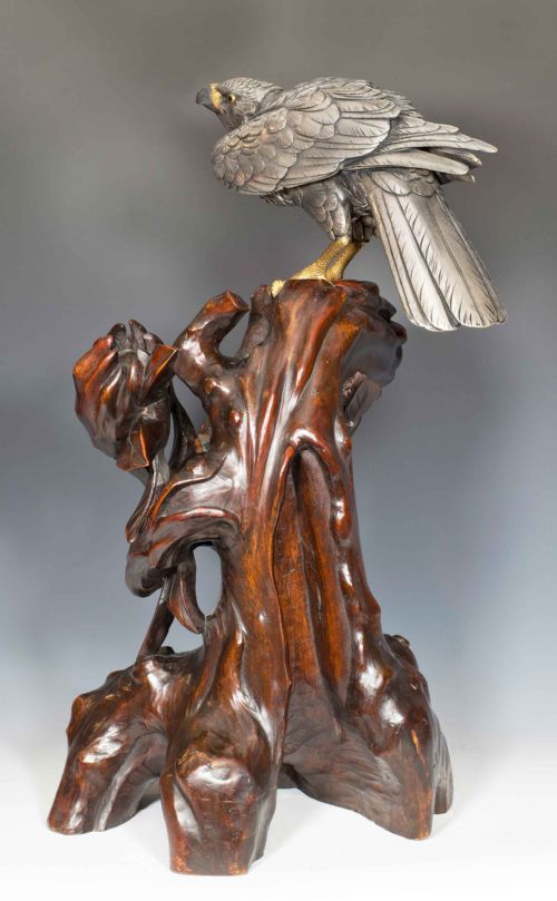 JAPANESE SILVERED BRONZE GOSS HAWK ON ROOTWOOD STAND BY KUNICHIKA - ADDITIONAL PHOTO 2