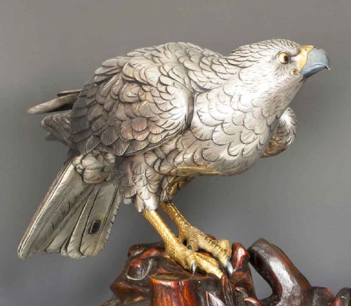 JAPANESE SILVERED BRONZE GOSS HAWK ON ROOTWOOD STAND BY KUNICHIKA - ADDITIONAL PHOTO 8