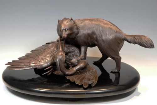 fig 1. OUTSTANDING QUALITY JAPANESE BRONZE OKIMONO - TANUKI AND HERON