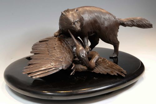 fig 2. OUTSTANDING QUALITY JAPANESE BRONZE OKIMONO - TANUKI AND HERON