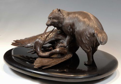 fig 3. OUTSTANDING QUALITY JAPANESE BRONZE OKIMONO - TANUKI AND HERON