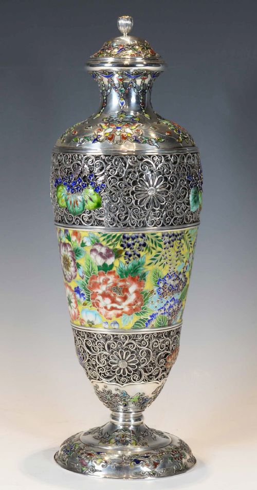 EXCEPTIONALLY RARE JAPANESE SILVER AND CLOISONNE ENAMEL CLARET JUG - ADDITIONAL PHOTO 5