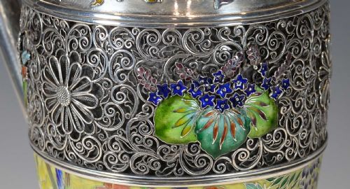 EXCEPTIONALLY RARE JAPANESE SILVER AND CLOISONNE ENAMEL CLARET JUG - ADDITIONAL PHOTO 12