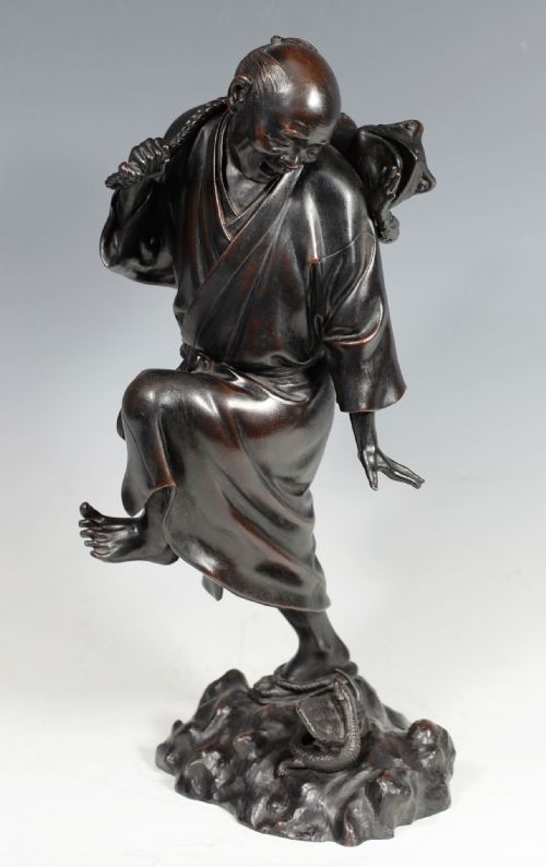 Fascinating Japanese Bronze Okimono "Toad Catcher" by Atsuyoshi for the Maruki Company