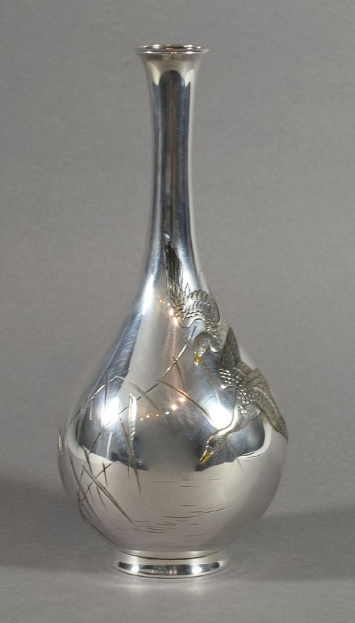 JAPANESE SILVER AND MIXED METAL ONLAID FLYING GEESE VASE BY KATSUHIDE - ADDITIONAL PHOTO 1