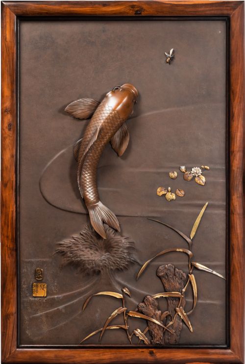 large japanese iron mixed metal fish panel - CATEGORY: ANTIQUE METAL - DATED 1890