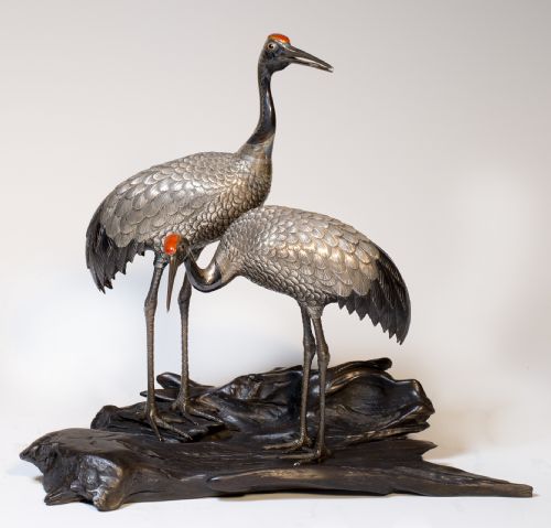 japanese pure silver manchurian crane okimono by hasegawa issei - CATEGORY: ANTIQUE SILVER - DATED 1900