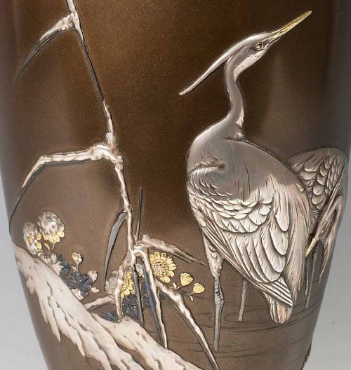 JAPANESE MIXED METAL OZEKI STYLE EGRET VASE - ADDITIONAL PHOTO 10