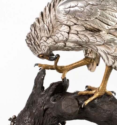 JAPANESE SILVERED BRONZE HAWK ON PRUNUS BRANCH BY KAZAN - ADDITIONAL PHOTO 11