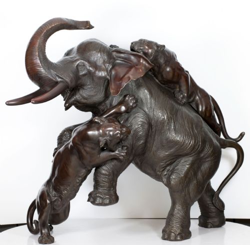 A MONUMENTAL JAPANESE BRONZE ELEPHANT TIGER OKIMONO MORIMITSU FOR SEIYA - ADDITIONAL PHOTO 1