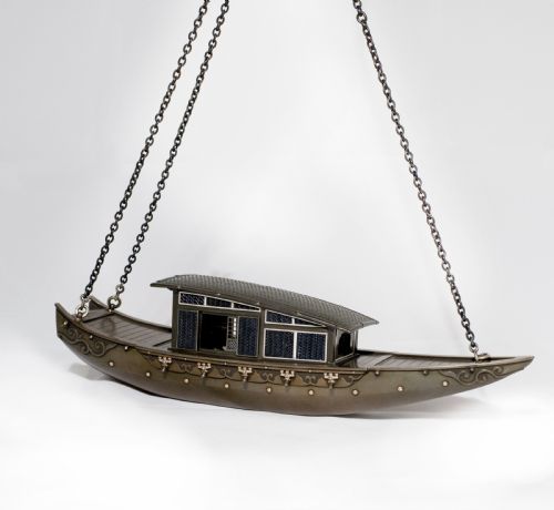 JAPANESE SHIBUICHI SILVER HANGING BOAT KORO INCENSE BURNER - ADDITIONAL PHOTO 2
