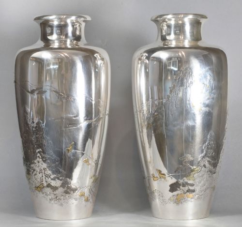 large pair of japanese silver mixed metal vases - CATEGORY: ANTIQUE METAL - DATED 1900