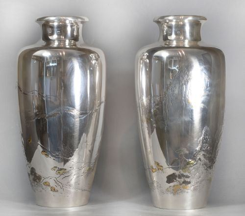 LARGE PAIR OF JAPANESE SILVER MIXED METAL VASES - ADDITIONAL PHOTO 6