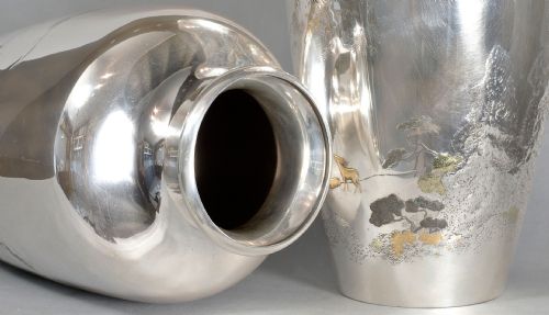 LARGE PAIR OF JAPANESE SILVER MIXED METAL VASES - ADDITIONAL PHOTO 8